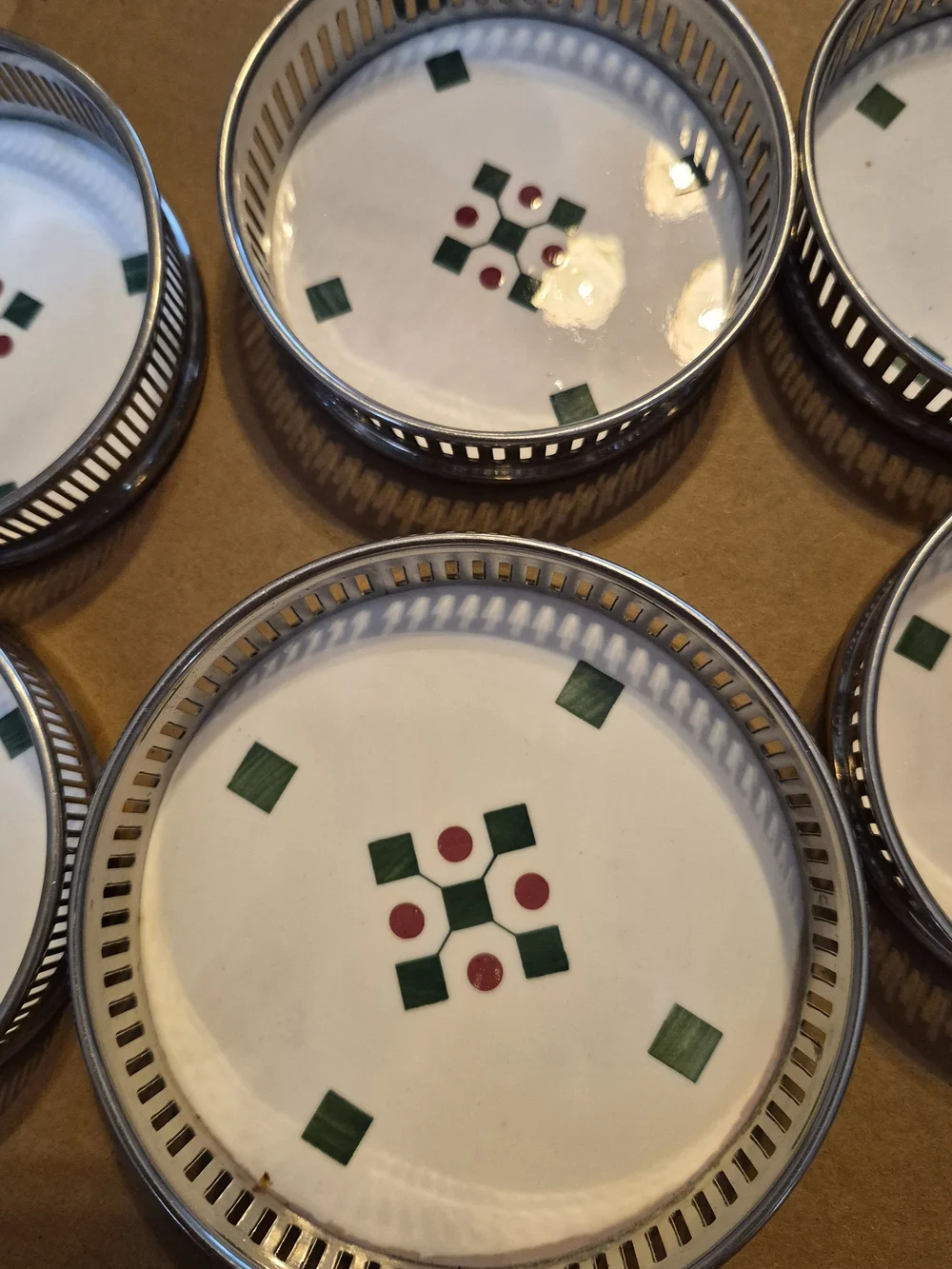 White Ceramic Coasters with Green and Red Inlay (Set of 6) From Silvers Brooklyn